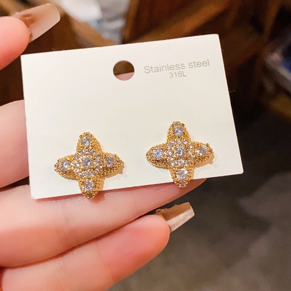 Gold Crystal Fleur Stud Earrings - Stainless Steel